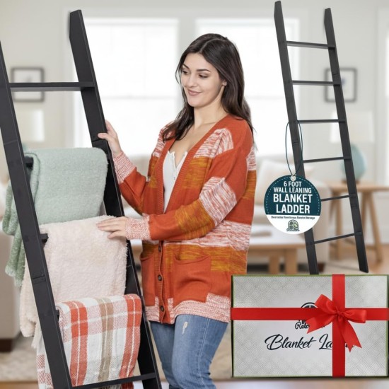 Deckenleiter für Wohn- und Schlafzimmer, 1,52 m, 6 Etagen, an der Wand anlehnbares, hakenfreies Material aus Laminat (schwarz), rustikaler, dekorativer Deckenhalter im Landhausstil, Steppdeckenregal, einfache Montage