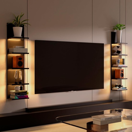 Homaterial 5-stufiges Wandregal, schwarze moderne vertikale Lack-Wandregale mit Licht, Wandhalterung, schwebende Säule, Heimdekor-Regale für Schlafzimmer, Wohnzimmer, Schminktisch-Aufbewahrungsdisplay Homaterial 5-stufiges Wandregal, schwarze moderne vertikale Lack-Wandregale mit Licht, Wandhalterung, schwebende Säule, Heimdekor-Regale für Schlafzimmer, Wohnzimmer, Schminktisch-Aufbewahrungsdisplay