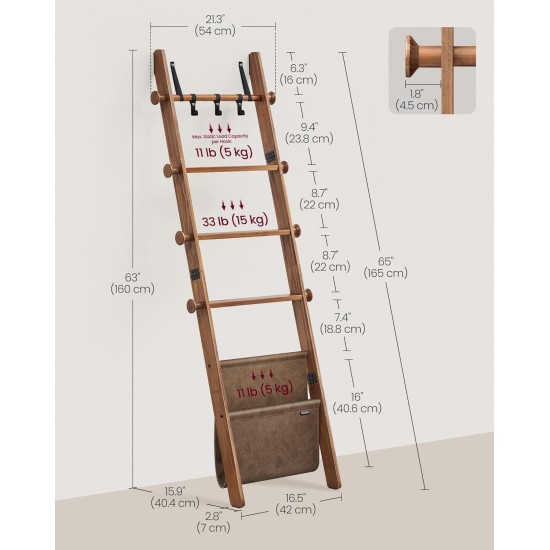 VASAGLE Deckenleiter für Wohnzimmer, 5-stufiges Leiterregal aus Holz, dekorativer Bauernhaus-Deckenständer mit Kunstledertasche, Metallhaken, Seitenhaken, für Schlafzimmer, Karamellbraun ULLS022K01 VASAGLE Deckenleiter für Wohnzimmer, 5-stufiges Leiterregal aus Holz, dekorativer Bauernhaus-Deckenständer mit Kunstledertasche, Metallhaken, Seitenhaken, für Schlafzimmer, Karamellbraun ULLS022K01