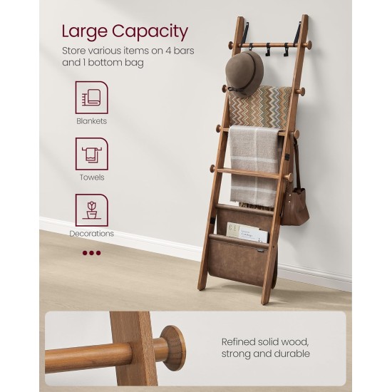 VASAGLE Deckenleiter für Wohnzimmer, 5-stufiges Leiterregal aus Holz, dekorativer Bauernhaus-Deckenständer mit Kunstledertasche, Metallhaken, Seitenhaken, für Schlafzimmer, Karamellbraun ULLS022K01 VASAGLE Deckenleiter für Wohnzimmer, 5-stufiges Leiterregal aus Holz, dekorativer Bauernhaus-Deckenständer mit Kunstledertasche, Metallhaken, Seitenhaken, für Schlafzimmer, Karamellbraun ULLS022K01