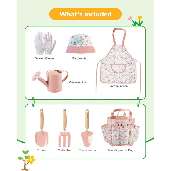 Gartenset für Kinder, Spielzeug, hochwertiges Gartenwerkzeugset für Kinder und Kleinkinder, inklusive zwei Schaufeln, Gartenhut, Rechen, Schürze, Handschuhe, Gießkanne und Werkzeugtasche (Rosa)