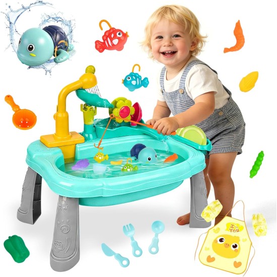 Spielspüle für Kinder mit fließendem Wasser, Mini-Wassertisch, Wasserspielzeug, verbesserter Wasserhahn und Spielgeschirr, elektrisches Kindergeschirrspüler-Spielspielzeug, sensorische Küchenspielzeugsets für Mädchen und Jungen