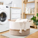 67L Large Blanket Basket, 20"x13" Woven Storage Baskets With Handle, Cotton Rope Blanket Basket Living Room, Baby Laundry hamper for Blanket, Nursery, Toy, Pillow (White & Brown)