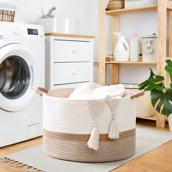 67L Large Blanket Basket, 20"x13" Woven Storage Baskets With Handle, Cotton Rope Blanket Basket Living Room, Baby Laundry hamper for Blanket, Nursery, Toy, Pillow (White & Brown)