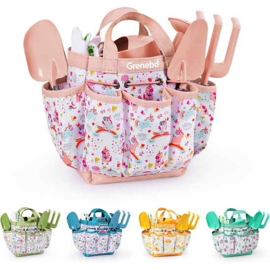 Gartenset für Kinder, Spielzeug, hochwertiges Gartenwerkzeugset für Kinder und Kleinkinder, inklusive zwei Schaufeln, Gartenhut, Rechen, Schürze, Handschuhe, Gießkanne und Werkzeugtasche (Rosa)