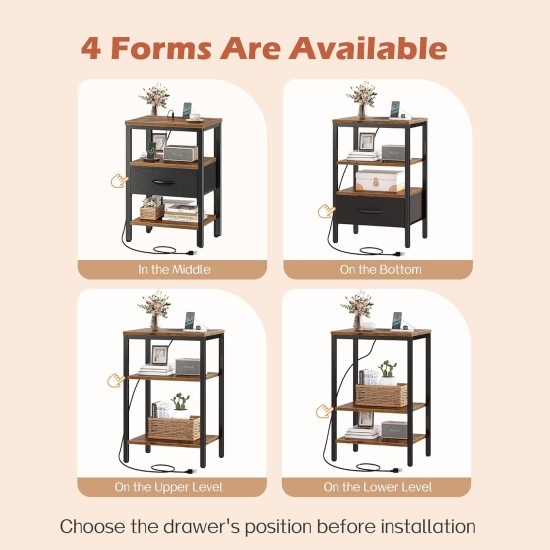 SUPERJARE Nachttisch mit Ladestation, Nachttisch mit verstellbarer Stoffschublade, Nachttisch für Schlafzimmer, 3-stufiger Aufbewahrungs-Beistelltisch, für Wohnzimmer, rustikales Braun und Schwarz SUPERJARE Nachttisch mit Ladestation, Nachttisch mit verstellbarer Stoffschublade, Nachttisch für Schlafzimmer, 3-stufiger Aufbewahrungs-Beistelltisch, für Wohnzimmer, rustikales Braun und Schwarz