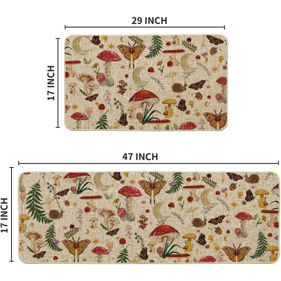 Artoid Mode Pilze Schmetterling Frühling Küchenmatten 2er-Set, Heimdekor-Küchenteppiche mit niedrigem Profil für den Boden – 17 x 29 und 17 x 47 Zoll
