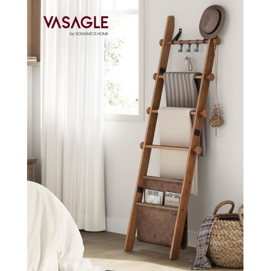 VASAGLE Deckenleiter für Wohnzimmer, 5-stufiges Leiterregal aus Holz, dekorativer Bauernhaus-Deckenständer mit Kunstledertasche, Metallhaken, Seitenhaken, für Schlafzimmer, Karamellbraun ULLS022K01 VASAGLE Deckenleiter für Wohnzimmer, 5-stufiges Leiterregal aus Holz, dekorativer Bauernhaus-Deckenständer mit Kunstledertasche, Metallhaken, Seitenhaken, für Schlafzimmer, Karamellbraun ULLS022K01
