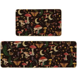 Artoid Mode Schwarze Pilze Schmetterling Frühling Küchenmatten 2er-Set, Heimdekor-Küchenteppiche mit niedrigem Profil für den Boden – 17 x 29 und 17 x 47 Zoll