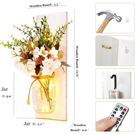 Rustikale Wandleuchten, Einmachglas-Wandleuchten, handgefertigtes Wandkunst-Hängedesign mit ferngesteuerten LED-Lichterketten und weißen Pfingstrosen, Weihnachtsdekoration, Geschenke, Bauernhaus-Heimdekoration, Wohnzimmerleuchten, 2er-Set Rustikale Wandleuchten, Einmachglas-Wandleuchten, handgefertigtes Wandkunst-Hängedesign mit ferngesteuerten LED-Lichterketten und weißen Pfingstrosen, Weihnachtsdekoration, Geschenke, Bauernhaus-Heimdekoration, Wohnzimmerleuchten, 2er-Set