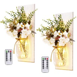 Rustikale Wandleuchten, Einmachglas-Wandleuchten, handgefertigtes Wandkunst-Hängedesign mit ferngesteuerten LED-Lichterketten und weißen Pfingstrosen, Weihnachtsdekoration, Geschenke, Bauernhaus-Heimdekoration, Wohnzimmerleuchten, 2er-Set