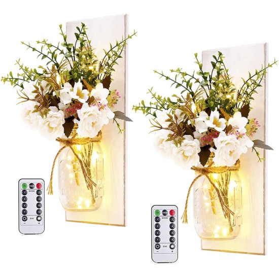Rustikale Wandleuchten, Einmachglas-Wandleuchten, handgefertigtes Wandkunst-Hängedesign mit ferngesteuerten LED-Lichterketten und weißen Pfingstrosen, Weihnachtsdekoration, Geschenke, Bauernhaus-Heimdekoration, Wohnzimmerleuchten, 2er-Set Rustikale Wandleuchten, Einmachglas-Wandleuchten, handgefertigtes Wandkunst-Hängedesign mit ferngesteuerten LED-Lichterketten und weißen Pfingstrosen, Weihnachtsdekoration, Geschenke, Bauernhaus-Heimdekoration, Wohnzimmerleuchten, 2er-Set