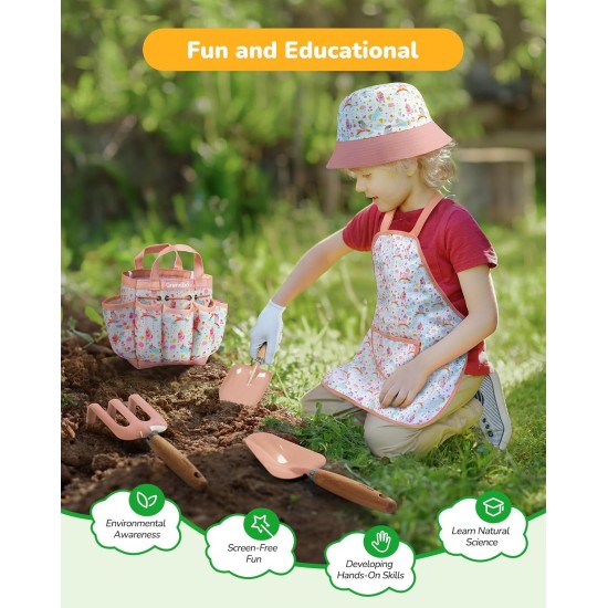 Gartenset für Kinder, Spielzeug, hochwertiges Gartenwerkzeugset für Kinder und Kleinkinder, inklusive zwei Schaufeln, Gartenhut, Rechen, Schürze, Handschuhe, Gießkanne und Werkzeugtasche (Rosa)
