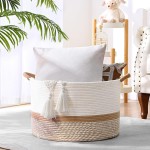 67L Large Blanket Basket, 20"x13" Woven Storage Baskets With Handle, Cotton Rope Blanket Basket Living Room, Baby Laundry hamper for Blanket, Nursery, Toy, Pillow (White & Brown)