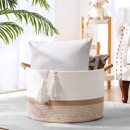 67L Large Blanket Basket, 20"x13" Woven Storage Baskets With Handle, Cotton Rope Blanket Basket Living Room, Baby Laundry hamper for Blanket, Nursery, Toy, Pillow (White & Brown)