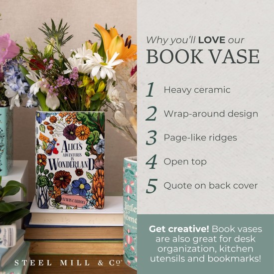 Steel Mill & Co Original große dekorative Vase in Buchform, Keramikvasen für die Inneneinrichtung, niedliche Bücherregal-Dekoration, einzigartige Vase für Buchliebhaber, Alice im Wunderland – floraler Unsinn Steel Mill & Co Original große dekorative Vase in Buchform, Keramikvasen für die Inneneinrichtung, niedliche Bücherregal-Dekoration, einzigartige Vase für Buchliebhaber, Alice im Wunderland – floraler Unsinn