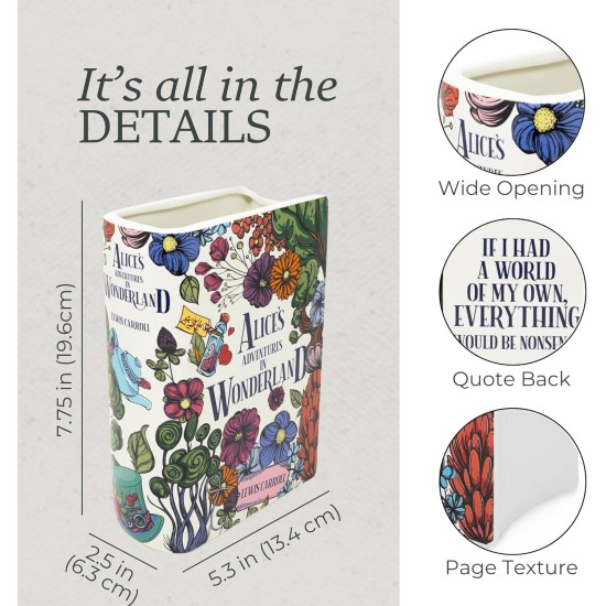 Steel Mill & Co Original große dekorative Vase in Buchform, Keramikvasen für die Inneneinrichtung, niedliche Bücherregal-Dekoration, einzigartige Vase für Buchliebhaber, Alice im Wunderland – floraler Unsinn Steel Mill & Co Original große dekorative Vase in Buchform, Keramikvasen für die Inneneinrichtung, niedliche Bücherregal-Dekoration, einzigartige Vase für Buchliebhaber, Alice im Wunderland – floraler Unsinn