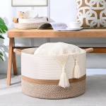 67L Large Blanket Basket, 20"x13" Woven Storage Baskets With Handle, Cotton Rope Blanket Basket Living Room, Baby Laundry hamper for Blanket, Nursery, Toy, Pillow (White & Brown)