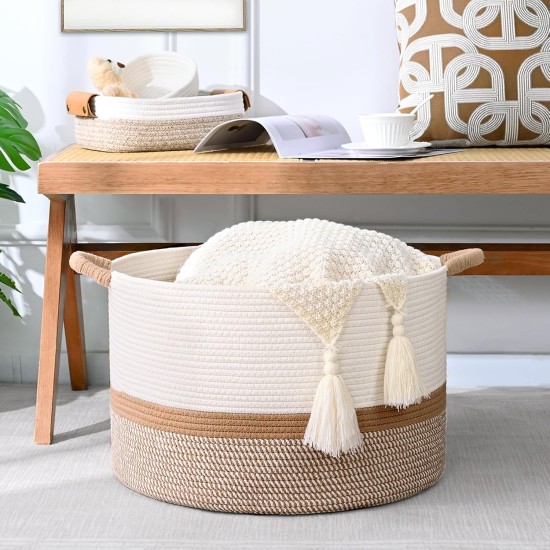 67L Large Blanket Basket, 20"x13" Woven Storage Baskets With Handle, Cotton Rope Blanket Basket Living Room, Baby Laundry hamper for Blanket, Nursery, Toy, Pillow (White & Brown)