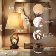 Scenekoy Rustikale Bauernhaus-Nachttischlampe mit Geweih, 2er-Set, mit Nachtlicht, zwei USB-Anschlüssen, weicher Glockenschirm aus Leder, braunes Finish, Nachttischlampe, Dekoration für Wohnzimmer, Schlafzimmer, Büro, Haus, Hotel