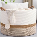 67L Large Blanket Basket, 20"x13" Woven Storage Baskets With Handle, Cotton Rope Blanket Basket Living Room, Baby Laundry hamper for Blanket, Nursery, Toy, Pillow (White & Brown)