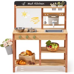 ROBOTIME Matschküche für Kinder im Freien – Outdoor-Matschküche aus Holz mit Spüle und Stauraum – Outdoor-Spielküche für Jungen und Mädchen ab 3 Jahren