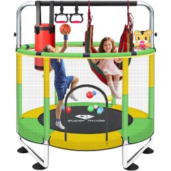 55" Indoor & Outdoor Trampoline for Kids with Enclosure, Toddler Trampoline with Adjustable Gymnastics Bar & Toys, No-Gap Safety Design