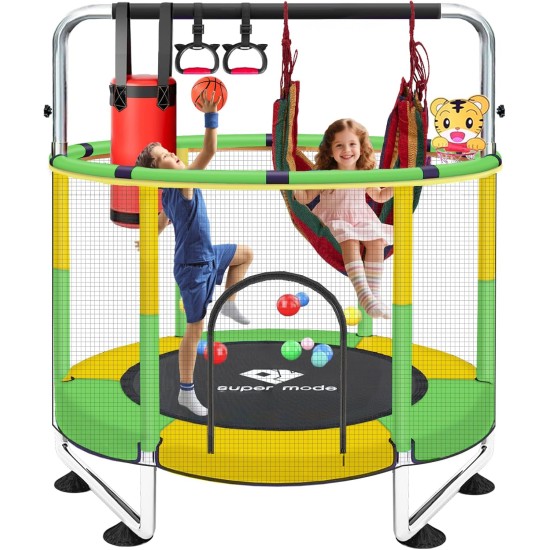 55" Indoor & Outdoor Trampoline for Kids with Enclosure, Toddler Trampoline with Adjustable Gymnastics Bar & Toys, No-Gap Safety Design