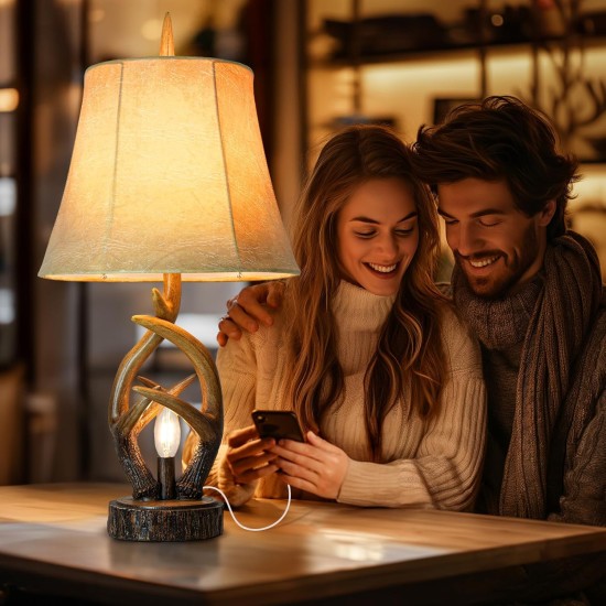 Scenekoy Rustikale Bauernhaus-Nachttischlampe mit Geweih, 2er-Set, mit Nachtlicht, zwei USB-Anschlüssen, weicher Glockenschirm aus Leder, braunes Finish, Nachttischlampe, Dekoration für Wohnzimmer, Schlafzimmer, Büro, Haus, Hotel Scenekoy Rustikale Bauernhaus-Nachttischlampe mit Geweih, 2er-Set, mit Nachtlicht, zwei USB-Anschlüssen, weicher Glockenschirm aus Leder, braunes Finish, Nachttischlampe, Dekoration für Wohnzimmer, Schlafzimmer, Büro, Haus, Hotel