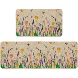 Artoid Mode Lavendel-Tulpen-Frühlings-Küchenmatten-Set mit 2 Stück, saisonale Blumen-Sommer-Heimdekoration, flache Küchenteppiche für den Boden – 17 x 29 und 17 x 47 Zoll