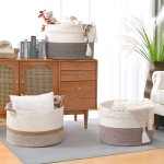 67L Large Blanket Basket, 20"x13" Woven Storage Baskets With Handle, Cotton Rope Blanket Basket Living Room, Baby Laundry hamper for Blanket, Nursery, Toy, Pillow (White & Brown)