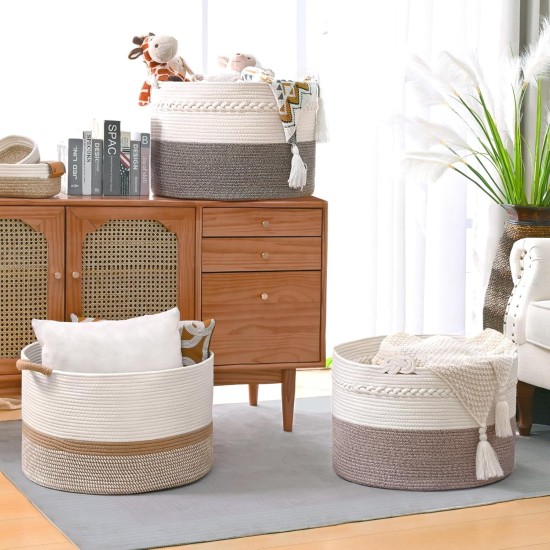 67L Large Blanket Basket, 20"x13" Woven Storage Baskets With Handle, Cotton Rope Blanket Basket Living Room, Baby Laundry hamper for Blanket, Nursery, Toy, Pillow (White & Brown)
