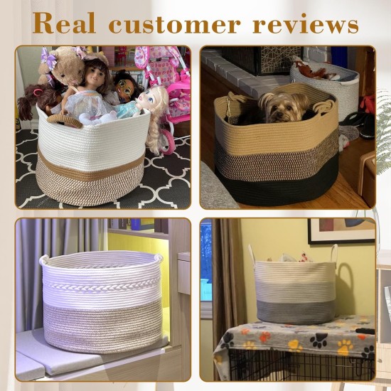 67L Large Blanket Basket, 20"x13" Woven Storage Baskets With Handle, Cotton Rope Blanket Basket Living Room, Baby Laundry hamper for Blanket, Nursery, Toy, Pillow (White & Brown)