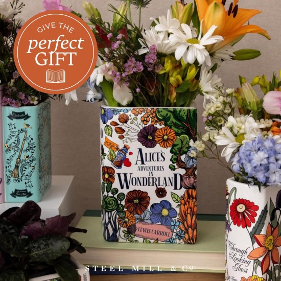 Steel Mill & Co Original große dekorative Vase in Buchform, Keramikvasen für die Inneneinrichtung, niedliche Bücherregal-Dekoration, einzigartige Vase für Buchliebhaber, Alice im Wunderland – floraler Unsinn Steel Mill & Co Original große dekorative Vase in Buchform, Keramikvasen für die Inneneinrichtung, niedliche Bücherregal-Dekoration, einzigartige Vase für Buchliebhaber, Alice im Wunderland – floraler Unsinn